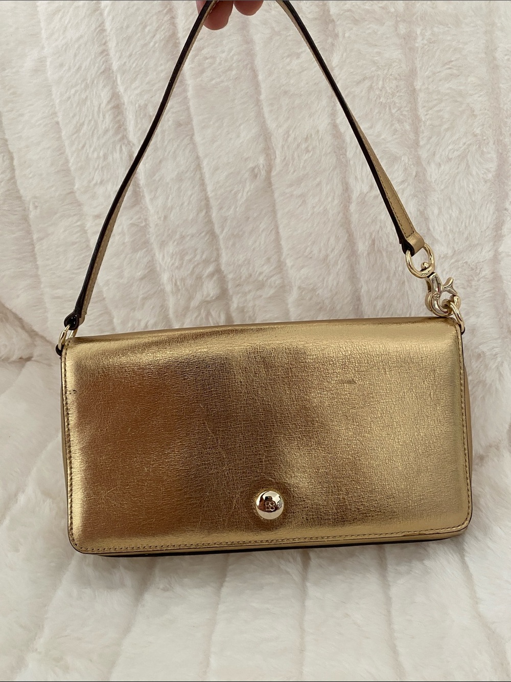 VTG Kate Spade Metallic Gold Wristlet/ Clutch/ Handbag w/ Pink Polka Dot Lining